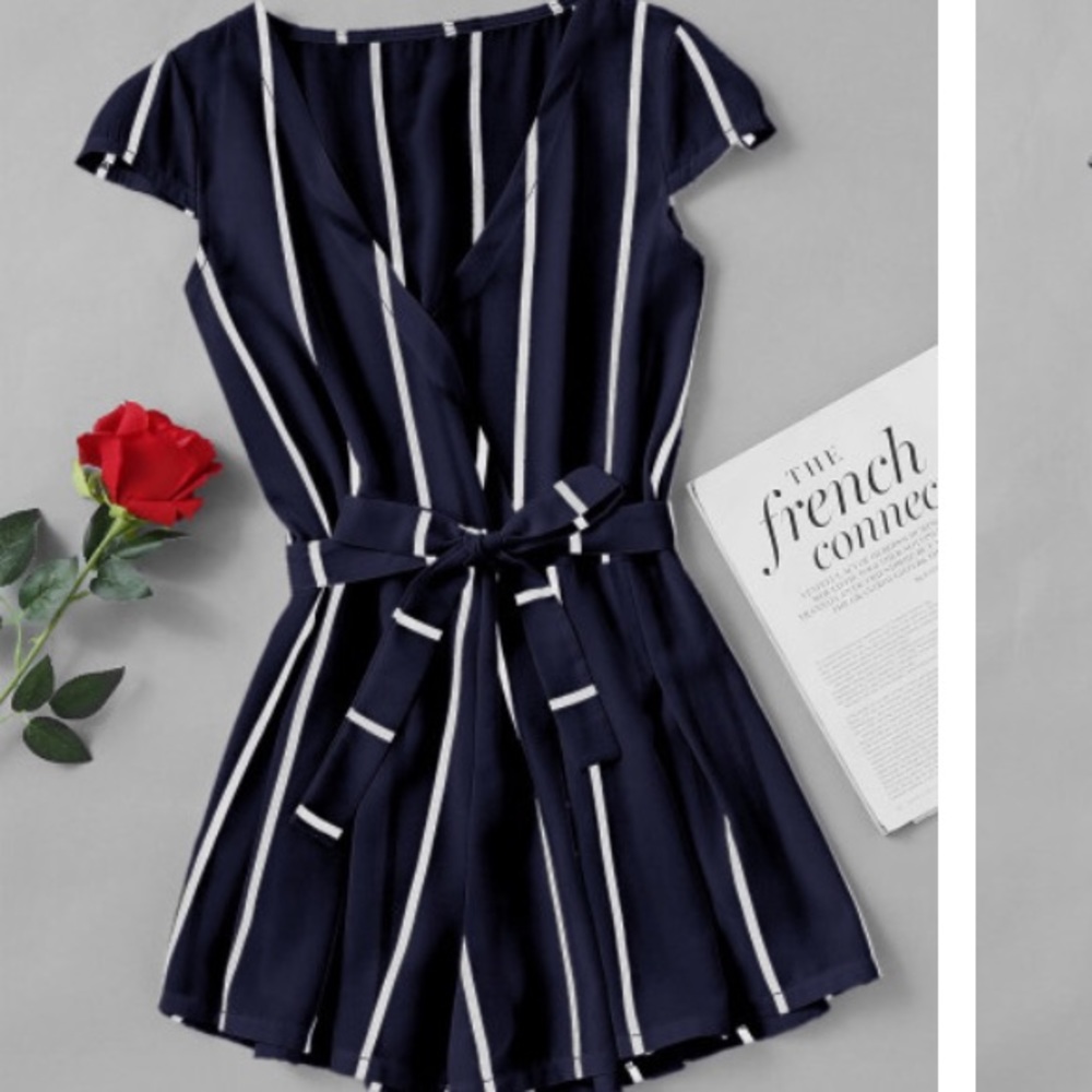 RESTOCKED Navy striped belted romper